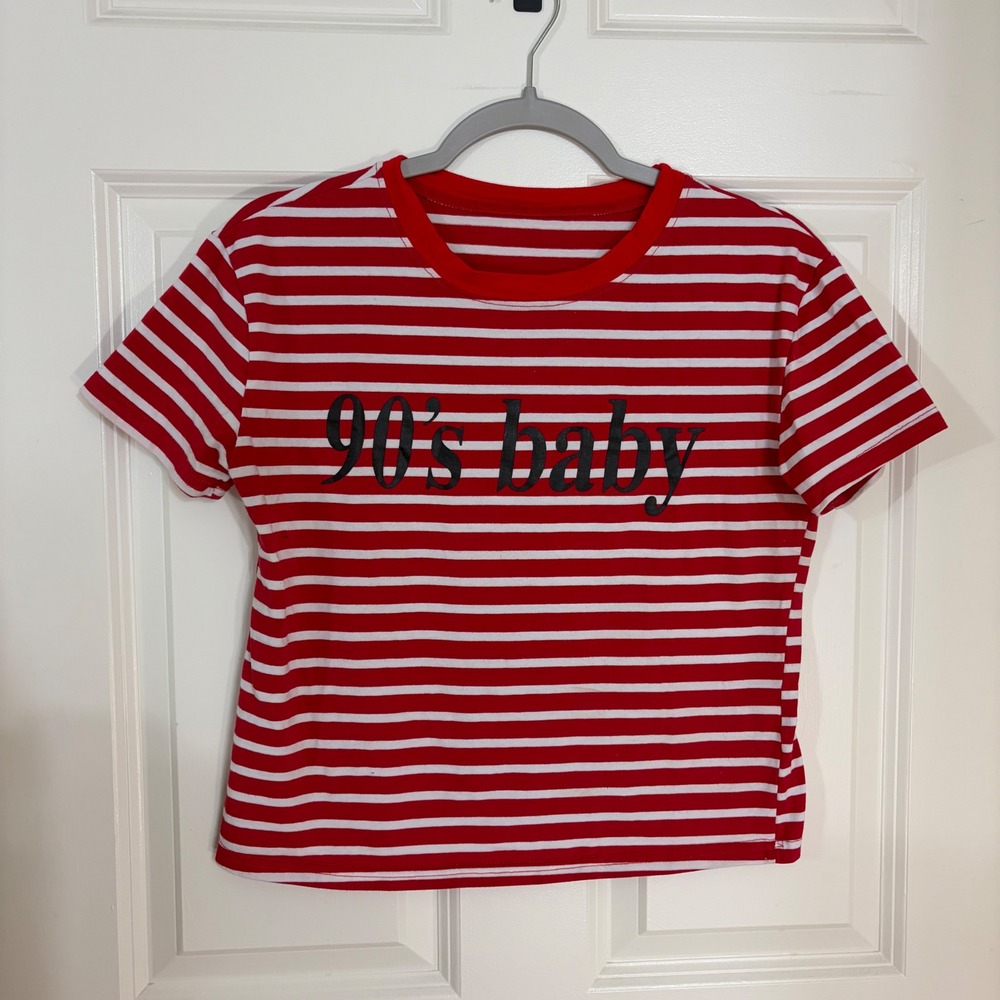 90s Baby Red White Striped Graphic T-Shirt Cotton Short Sleeve Crewneck Small